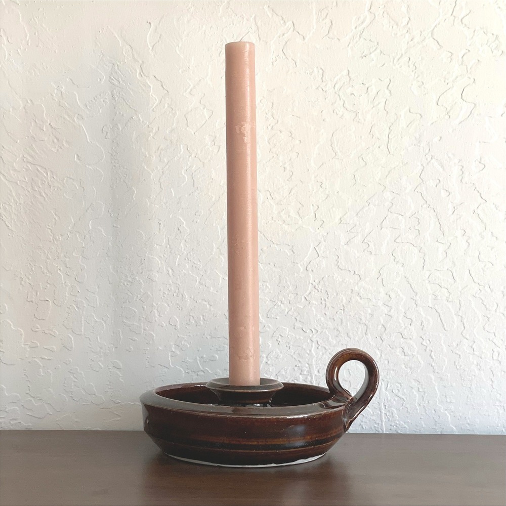 Vintage Handmade Pottery Chamberstick Candle Holder Signed Brown MCM Carolyn